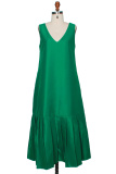 Green Fashion Casual Solid Patchwork V Neck Sleeveless Dress