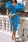 Blue Fashion Sexy Solid Slit Square Collar Evening Dress