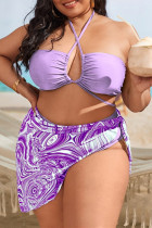 Purple Fashion Sexy Print Bandage Backless Halter Plus Size Swimwear Three-piece Set (With Paddings)