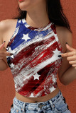 Red Blue Casual American Flag Stars Print Cropped Halter Tank Top