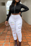 White Fashion Casual Solid Ripped Patchwork High Waist Skinny Denim Jeans