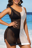 Black And White Sexy Solid Hollowed Out Patchwork Slit Swimwears Cover Up