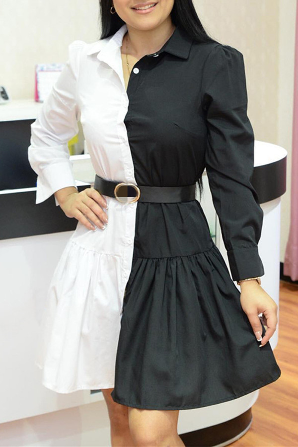 Black White Fashion Casual Solid Patchwork Turndown Collar Shirt Dress (Without Belt)