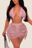 Apricot Sexy Solid Tassel Bandage Hollowed Out Patchwork Swimwears