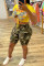 Yellow Fashion Casual Camouflage Print Bandage Hollowed Out O Neck Short Sleeve Two Pieces