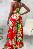 Red Casual Print Patchwork Spaghetti Strap Straight Jumpsuits