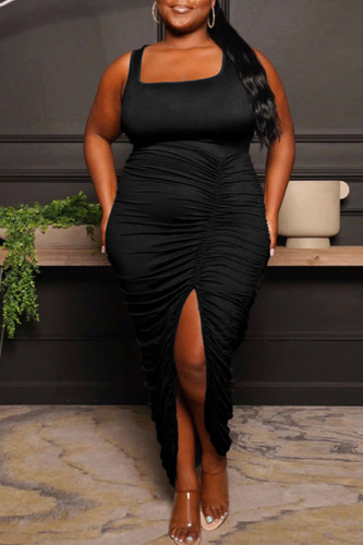 Black Casual Solid Patchwork Slit Fold U Neck One Step Skirt Plus Size Dresses