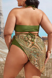 Green Fashion Sexy Print Bandage Backless Halter Plus Size Swimwear Three-piece Set (With Paddings)