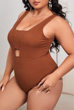 Orange Fashion Sexy Solid Hollowed Out Backless O Neck Plus Size Swimwear Three-piece Set (With Paddings)