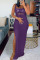 Purple Fashion Sexy Print Slit Square Collar Sling Dress