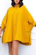 Yellow Casual Solid Patchwork Buckle Turndown Collar Dresses
