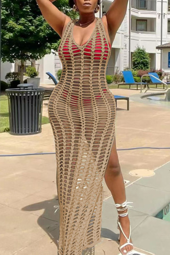 Light Apricot Sexy Solid Hollowed Out Patchwork Slit Swimwears Cover Up
