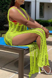 Fluorescent Green Sexy Solid Hollowed Out Patchwork Slit Swimwears Cover Up