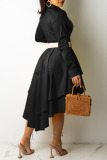 Black Solid Patchwork Buckle Asymmetrical Turndown Collar Irregular Dress Dresses(Without Belt)