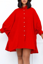 Red Casual Solid Patchwork Buckle Turndown Collar Dresses