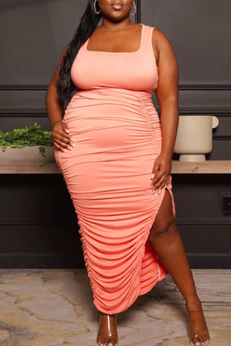 Pink Casual Solid Patchwork Slit Fold U Neck One Step Skirt Plus Size Dresses