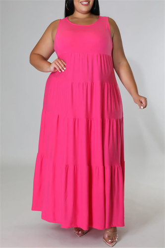 Rose Red Fashion Casual Plus Size Solid Basic O Neck Vest Dress