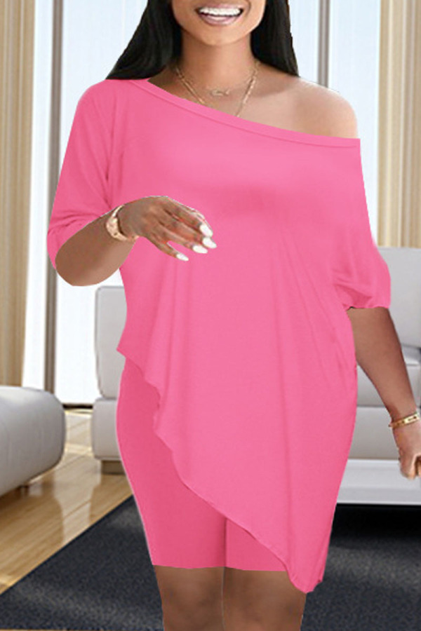 Pink Fashion Casual Solid Asymmetrical Oblique Collar Half Sleeve Two Pieces