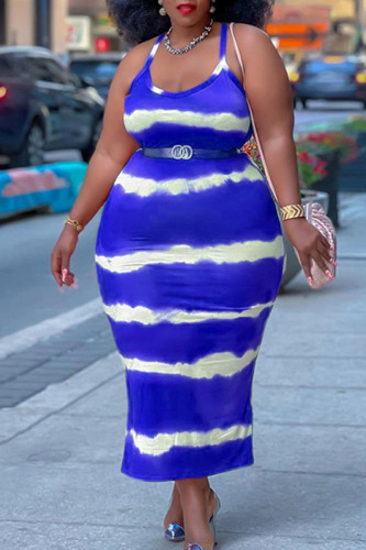 Blue Sexy Striped Print Spaghetti Strap Straight Plus Size Dresses(Without Belt)