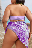 Purple Fashion Sexy Print Bandage Backless Halter Plus Size Swimwear Three-piece Set (With Paddings)