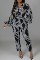 Black Fashion Print Patchwork Buckle Turndown Collar Straight Jumpsuits