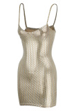 Silver Fashion Sexy Patchwork Backless Spaghetti Strap Sleeveless Dress