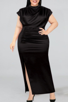 Black Fashion Casual Plus Size Solid Slit Fold Half A Turtleneck Evening Dress