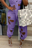 Purple Fashion Casual Solid Hollowed Out Plus Size Trousers