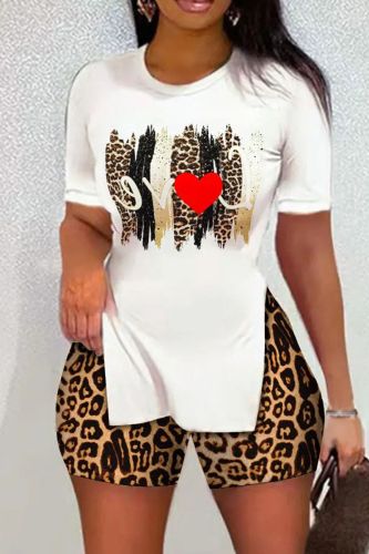 Leopard Print Casual Print Patchwork Slit O Neck Short Sleeve Two Pieces