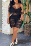 Black Sexy Solid Tassel Bandage Hollowed Out Backless Spaghetti Strap Sleeveless Two Pieces