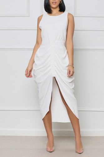 White Sexy Solid Patchwork Backless Slit Fold Asymmetrical O Neck Straight Dresses