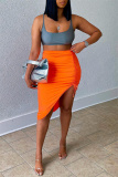 Orange Fashion Sexy Solid Draw String Frenulum Skinny High Waist Skirt