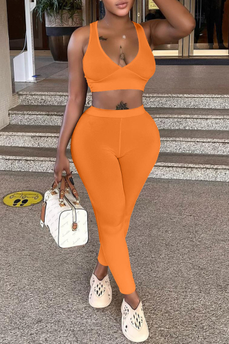 Orange Sexy Casual Sportswear Solid Vests Pants V Neck Sleeveless Two Pieces