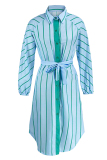 Sky Blue Fashion Striped Print With Belt Turndown Collar Shirt Dress