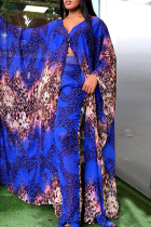 Blue Fashion Casual Print Slit Long Sleeve Two Pieces