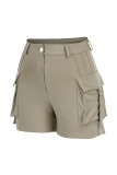 Khaki Fashion Casual Solid Patchwork Regular High Waist Shorts