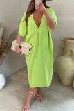 Green Yellow Casual Solid Patchwork V Neck Straight Dresses