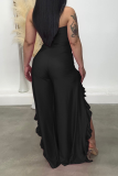 Black Fashion Print Flounce Strapless Boot Cut Jumpsuits