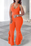 Rose Red Casual Solid Patchwork Flounce V Neck Plus Size Jumpsuits