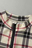 Khaki Fashion Casual Plaid Print Basic Zipper Collar Skinny Romper