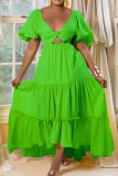 Green Sexy Solid Hollowed Out Patchwork Backless V Neck A Line Dresses