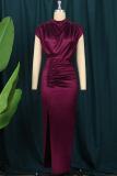 Green Fashion Casual Plus Size Solid Slit Fold Half A Turtleneck Evening Dress