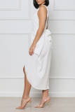 White Sexy Solid Patchwork Backless Slit Fold Asymmetrical O Neck Straight Dresses