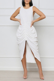 White Sexy Solid Patchwork Backless Slit Fold Asymmetrical O Neck Straight Dresses