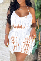 White Sexy Solid Tassel Bandage Hollowed Out Backless Spaghetti Strap Sleeveless Two Pieces
