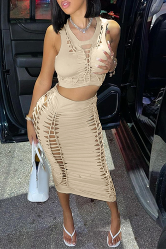Apricot Sexy Solid Hollowed Out O Neck Sleeveless Two Pieces