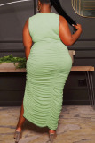 Light Green Casual Solid Patchwork Slit Fold U Neck One Step Skirt Plus Size Dresses