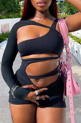 Black Sexy Solid Hollowed Out Halter Skinny Rompers