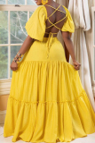 Yellow Sexy Solid Hollowed Out Patchwork Backless V Neck A Line Dresses