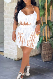 White Sexy Solid Tassel Bandage Hollowed Out Backless Spaghetti Strap Sleeveless Two Pieces